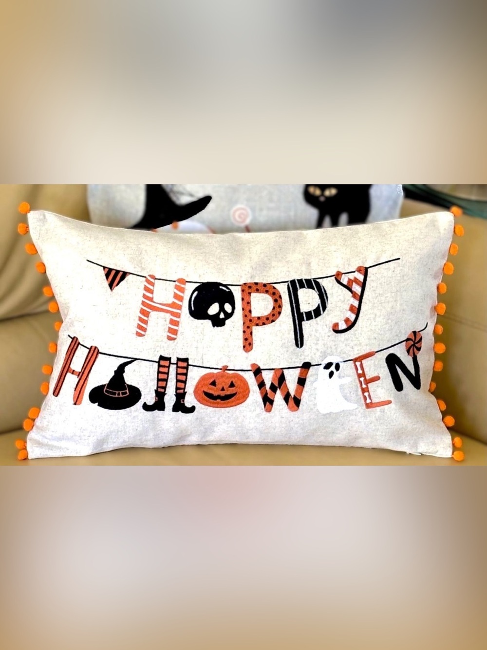 12x20 Happy Halloween Farmhouse Banner Embroidered Orange PomPom Pillow Cover